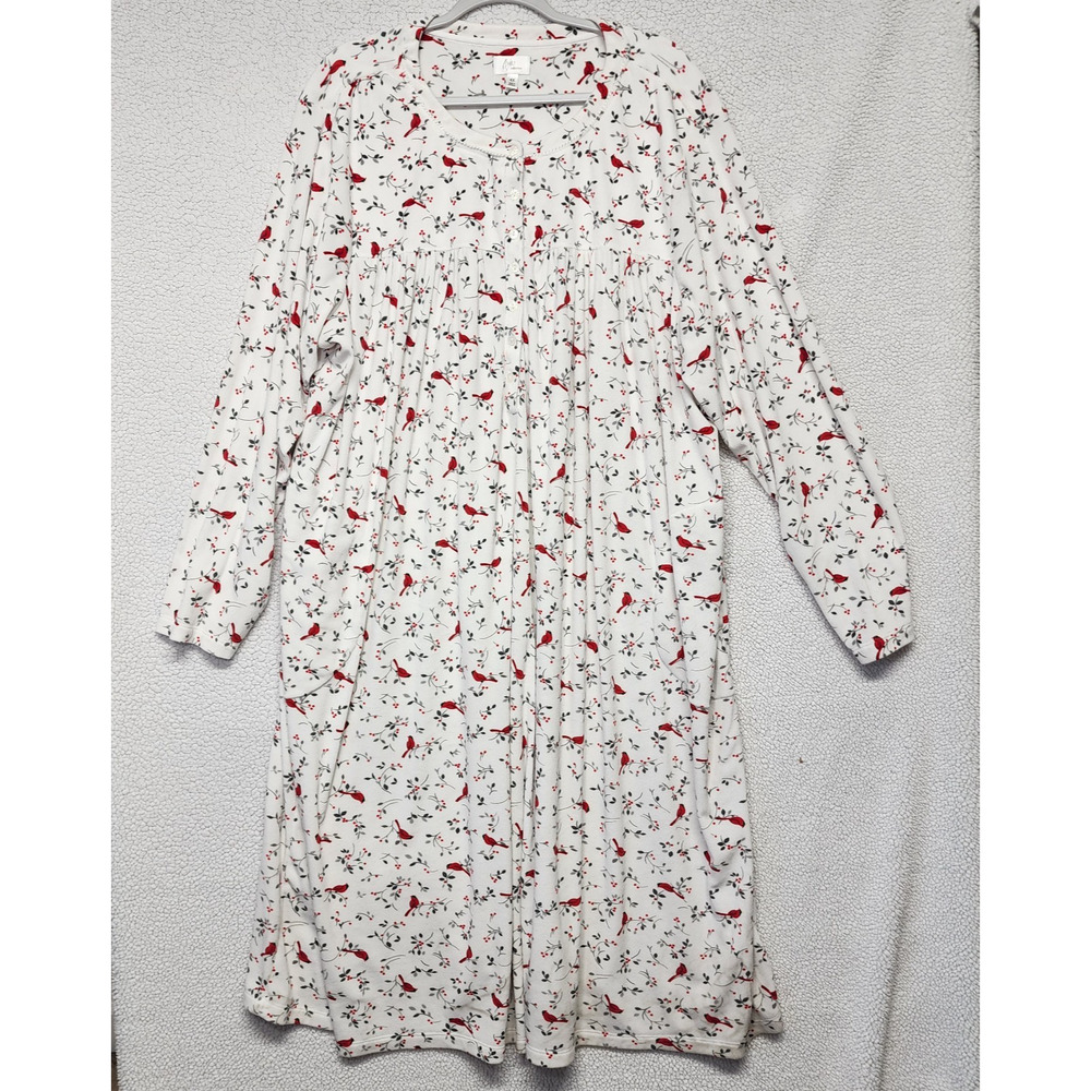 Aria Womens Velour Nightgown Size 4X White Red Cardinal Bird Print Long Sleeve